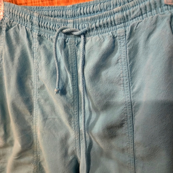 Erika Petite Bright Blue Teal Capri Pants Front Seam Drawstring Waist Women PL - Picture 3 of 13